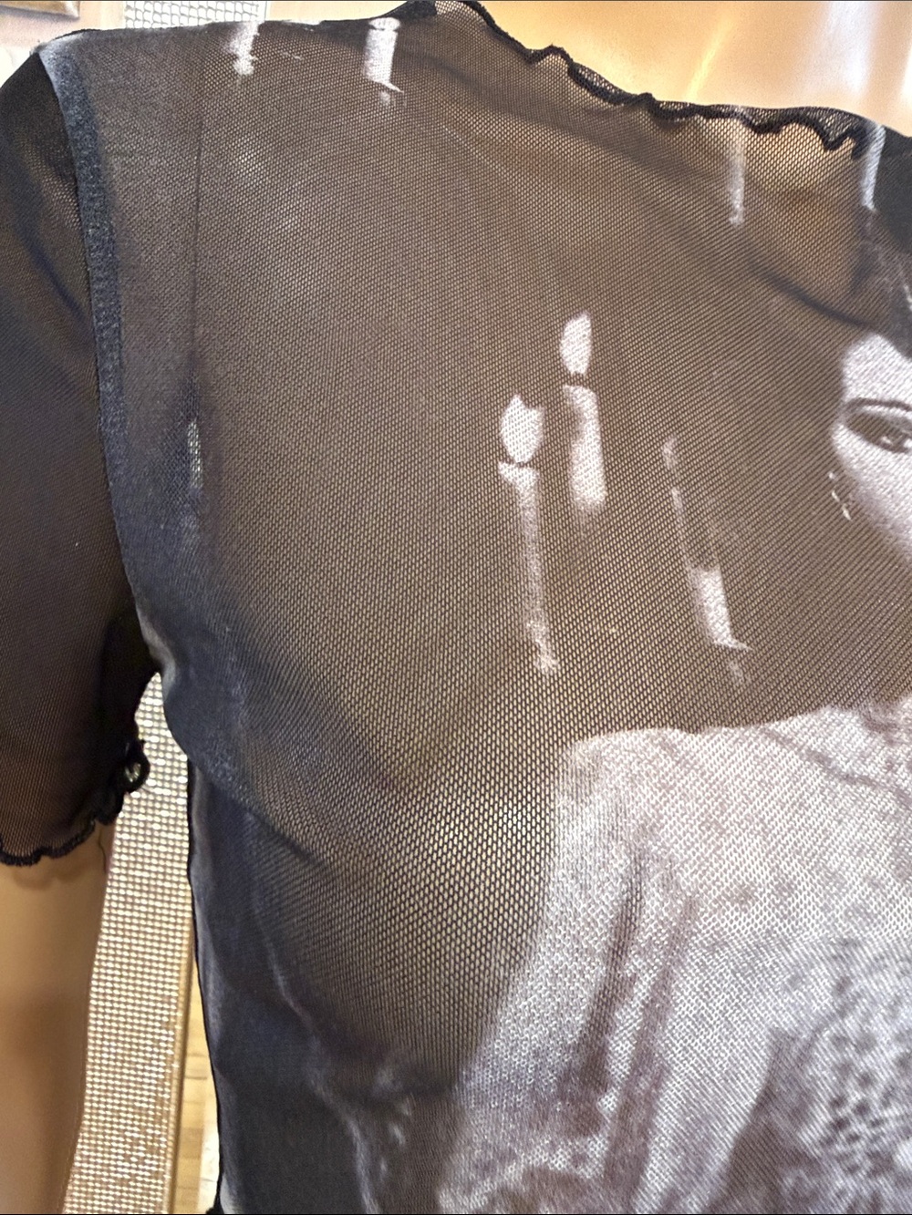 Black Mesh Graphic Crop Top with Vintage Portrait - Picture 5 of 10